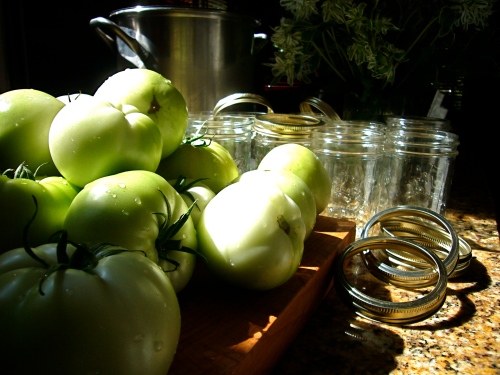 green tomatoes and clean jam jars